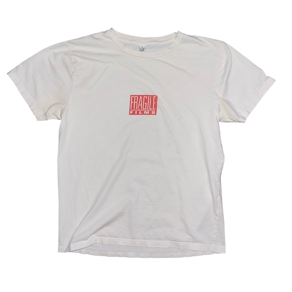 Earth Positive Fragile Films Graphic T-Shirt Mens Small White Red Logo Short Slv